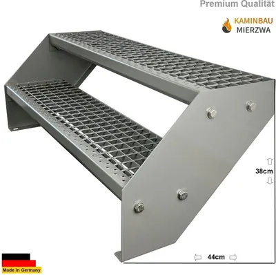 Produktbild von Gitterrost Stahl Wangentreppe 2 Stufen Verzinkt & Silber Pulverlackiert - (L x B x H) 44cm x 100cm x 38cm