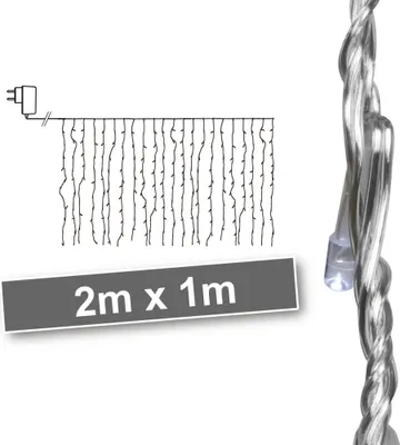Illustration of string lights with a plug and a size indicator, next to a close-up of the lights.
