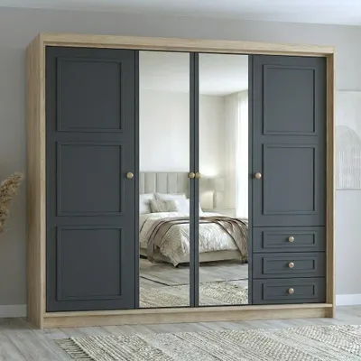 Produktbild von Geräumiger viertüriger Kleiderschrank OSLO mit Schubladen und Metallgriffen – modernes Design Farbe: Sonoma , Graphit