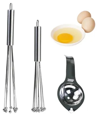 Produktbild von Edelstahl-Schneebesen und Eiertrenner-Set - 2 Schneebesen in 10 Zoll und 12 Zoll mit 1 Eiertrenner - Zum Rühren und Schlagen von Eiern