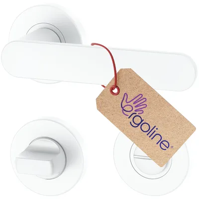 A white door handle set with a round rosette and a toilet lock mechanism, with a product tag attached.