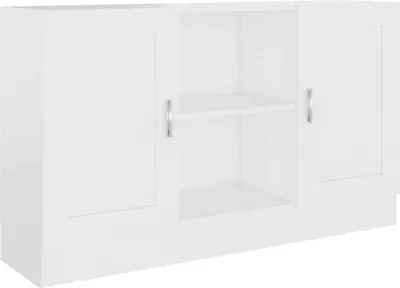 A white wooden sideboard with two doors and a central open shelf area.