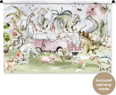 Produktbild von MuchoWow® Wandteppich Wandbehang Dinosaurier - Kinder - Bus - Bäume - Tiere - Kinder 120x80 cm Tapisserie Dekoration Wandtuch - Wanddekorationen - Wandtücher