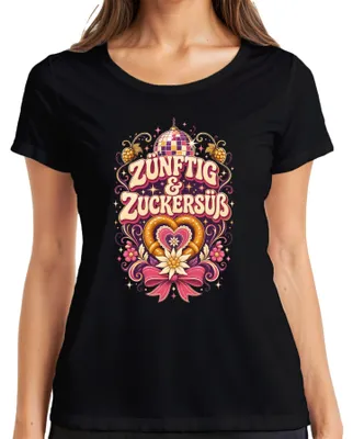 Zdjęcie produktu dla Koszulka damska, czarna, rozmiar 3XL, motyw: "Zünftig & Zuckersüß", "Volksfest", "Wiesn", "Brezel", "Party", "Lederhose", "Dirndl"
