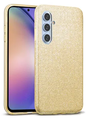 A gold glitter phone case is shown on a white background, with a portion of a smartphone visible.