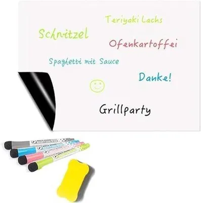 Productafbeelding van Magnetische whiteboardfolie A3 - 43 x 30 cm - voor koelkast - boodschappenlijstje - maaltijdplanner - zelfklevend - afwasbaar - met 4 stiften