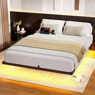 Produktbild von FABATO Modernes Metallbettgestell Doppelbett 140x200 cm mit LED-Beleuchtung und USB-Ladestation ohne Bettrost notwendig