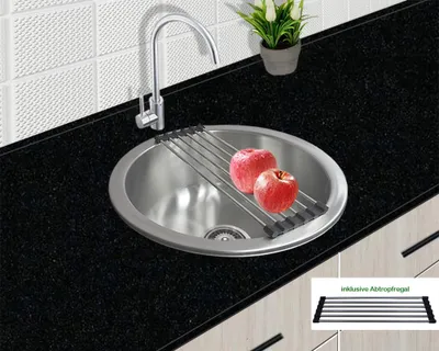 Produktbild von Preero- 42x42cm, Spüle Edelstahl 304, Materialstärke 0,8mm, Spülbecken, Einbauspüle,Küchenspüle rund, klein, camping Spüle, outdoor + Abtropfregal