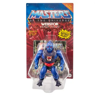 A Masters of the Universe Webstor action figure in its original packaging.