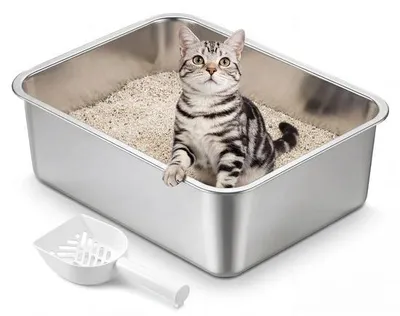 Produktbild von Famanu offene Katzenbox aus Edelstahl – geruchlos und leicht zu reinigen, Größe M, 45 x 35 x 15 cm