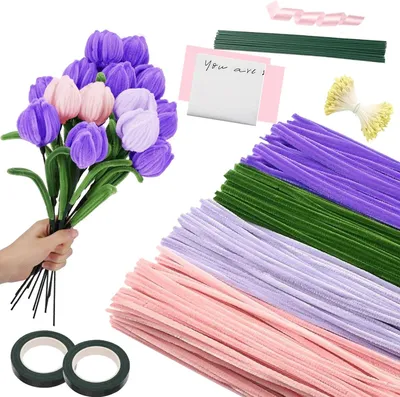 Produktbild von Pfeifenreiniger Blumen Set, 400 Stš¹ck Pfeifenputzer zum Basteln, Pfeifenreiniger zum Basteln, mit Blumendraht, Schleifenband, Blumen Staubblatt fš¹r Blumenstrau? DIY, Rosa