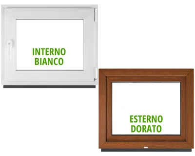 Immagine prodotto di BAU PLAZA. Finestre per cantine. Dimensioni: 95 x 65 cm / 950 x 650 mm. Versione destra. Esterno: rovere dorato. Interno: bianco. Finestra a battente e vasistas. Doppio vetro da 32 mm. Isolamento termico e acustico. Finestra in PVC