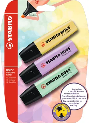 Immagine prodotto di Evidenziatore - STABILO BOSS ORIGINAL Pastel - Confezione da 3 pezzi - giallo polvere, viola brillante, verde menta