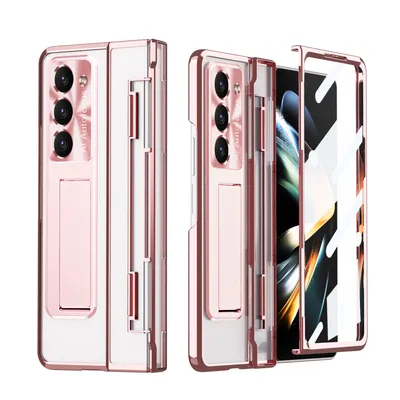 Obrázek produktu pro Pouzdro pro Samsung Galaxy Z Fold 5, Ochrana Displeje a Objektivu, Průhledné Galvanizované Pouzdro se Stojánkem Růžové zlato