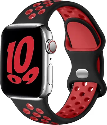 Produktbild von Apple Watch Armband 42mm (1,2,3 Gen) 44mm 45mm 46mm 49mm Silikon Doppelloch Band für iWatch 1 2 3 4 5 6 7 8 9 10 SE Ultra Ultra2,Schwarz-Rot
