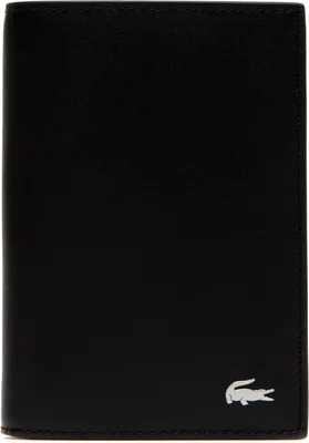 A black wallet with a silver Lacoste logo on the bottom right corner.