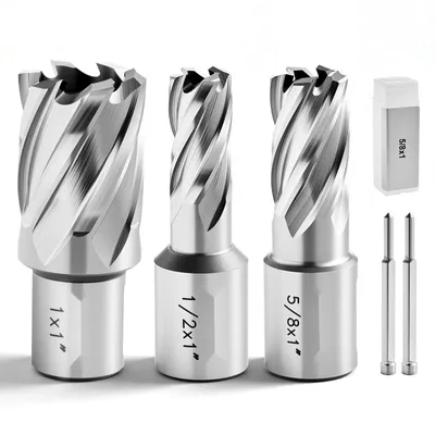 Produktbild von HSS-Kernbohrer-Set (Kernlochbohrer) - Weldon-Schaft - 5-tlg. - Ø 12,7/15,87/25,4 mm - Schnitttiefe 25,4 mm - 2 Zentrierstifte - Für Magnetbohrmaschine, Stahl/Alu - 3 Boxen