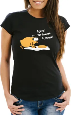 Produktbild von Damen T-Shirt Spiegelei Spruch Atme! Verdammt Küken Frauen Fun-Shirt lustig Moonworks® schwarz L