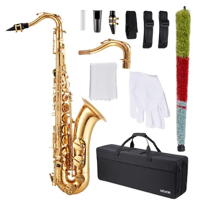 Produktbild von VEVOR Tenorsaxophon, B-Flat, Professionelles Messing-Saxophon-Anfängerset mit Tragetasche, Mundstück, Riemen, Reinigungstuch, Handschuhe, Halsriemen, 23-Tasten Tenorsaxophon-Set, für Anfänger Studenten, Gold, Sub-Midtone