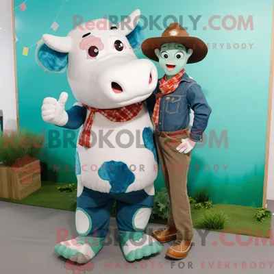 Produktbild von Maskottchen REDBROKOLY einer blaugrünen Hereford-Kuh mit Boyfriendjeans und Schnürsenkeln