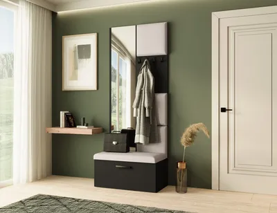 Produktbild von Garderobe MARGARET III, Farbe: Schwarz + Hellbeige, mit gepolsterten Paneelen, Spiegel und Kleiderhaken