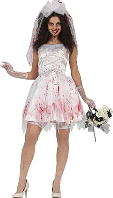 Productafbeelding van Halloween bruid, zombie kostuum, rood, wit, met bloedvlekken en een kantsluier, maat: 42 - 44 (L), kleur: wit