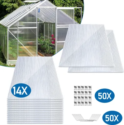 Obrázek produktu pro Clanmacy 14x polykarbonátová dvoustěnná deska 4 mm, 10,25 m² dvoustěnná deska - 1210x605, 50x svorky + 50x Z-klipy, skleníková deska odolná proti UV záření