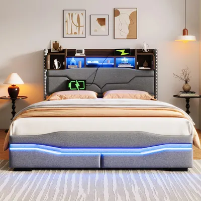 Obrázek produktu pro okwish Čalouněná postel 140×200, mládežnická postel s USB zásuvkou a dálkovým LED páskem, bez matrace s úložným prostorem a skříňkou v čele, šedá