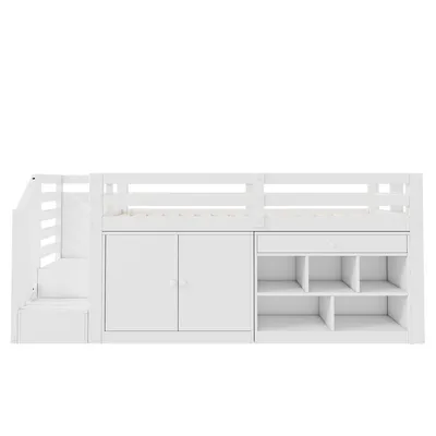 Produktbild von Flieks Etagenbett 90x200cm mit Schrank, Hochbett mit Leiter und Treppe, Kinderbett Stockbett Einzelbett mit Rausfallschutz, Holzbett für Kinder, Weiß