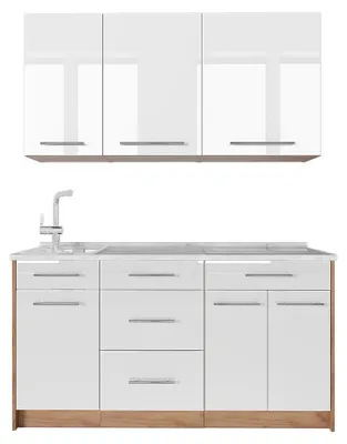 Obrázek produktu pro Jednotková kuchyně Vicco Fame-Line Bílá vysoký lesk/Zlatý mocný dub 150 cm, PD Mramor, Model 64797