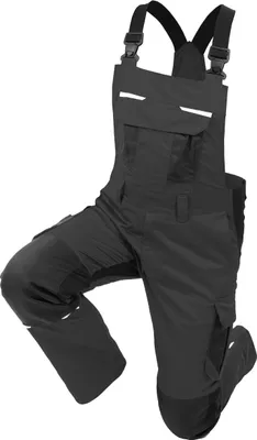 A black pair of men's bib overalls is shown in a kneeling pose against a white background.