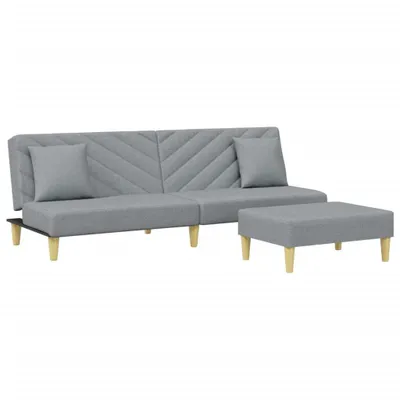 Imagen del producto de Sofá cama de 2 plazas con cojines y reposapiés, color gris claro, tapizado en tela