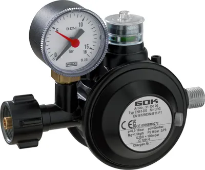 GOK Niederdruckregler EN61-DE - 50mbar - 1,5kg/h - Manometer, Überdruckventil