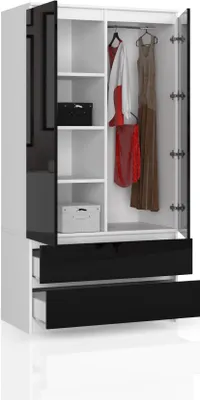 Produktbild von BDW Kleiderschrank 2 Türen, 4 Einlegeböden, Weiß / Schwarz, 180 x 90 x 51 cm
