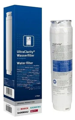 A product shot of a Bosch UltraClarity refrigerator water filter and its packaging.