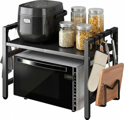 Immagine prodotto di Scaffale estraibile per microonde - Scaffale regolabile per cucina e scrivania - Acciaio - Salvaspazio per ambienti piccoli - Per microonde o stampante - Nero