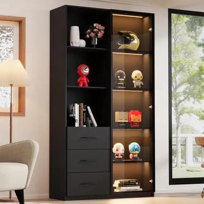 Produktbild von Merax Glasvitrine mit 3 Schubladen, Regalen, Glastür, Stehend Vitrinenschrank mit FLED-Licht, Hochschrank, Badezimmerschrank, 80x40x160cm, Schwarz