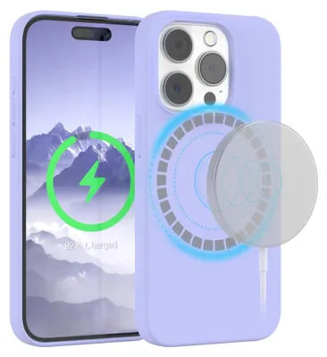 A purple phone case is shown attached to a phone, with a wireless charger also attached to the case.