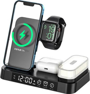 Productafbeelding van 4-in-1 Draadloze snellader, wekker, RGB-nachtlampje en oplaadstation voor horloge en telefoon, zwart, geschikt voor iOS