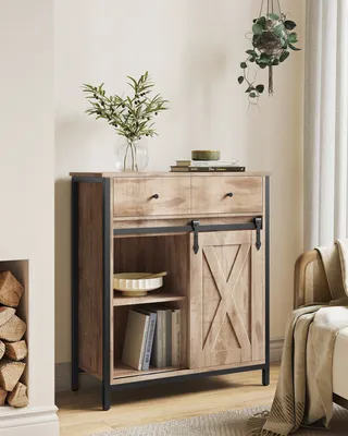 A wooden cabinet with black metal accents in a room setting.