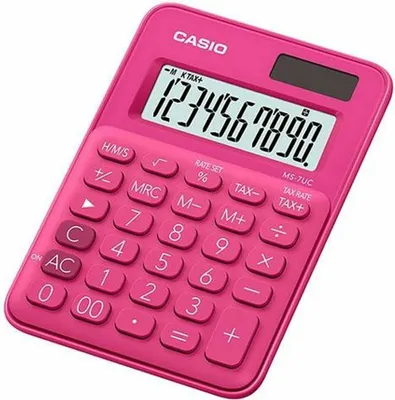 Obrázok produktu pre CASIO MS 7 UC RD Stolná kalkulačka, 10-miestny veľký LCD displej, výpočet percent, zisku, DPH, odmocniny, výpočty s časom, duálne napájanie
