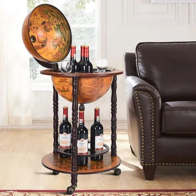Produktbild von GOPLUS Globusbar mit 3 Rollen, Tisch Bar, Deko Weinregal Massivholz, Weinhalter mit 3 Hauptstützsäulen, für Flaschen & Gläser, Bar Party Restaurant