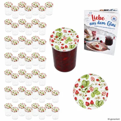 Image de Lot de 48 bocaux à confiture de 435 ml, bocaux Einweck To 82 « Fraises des bois », couvercles inclus, avec livret de recettes