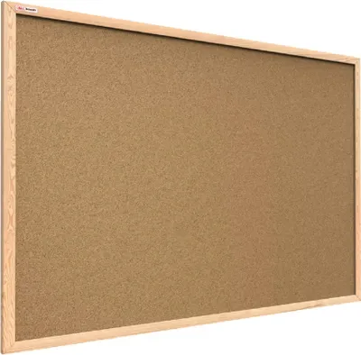 A cork bulletin board with a natural wood frame, shown from a slightly angled perspective.