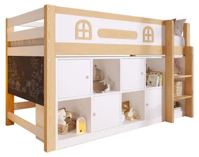 Produktbild von Hochbett mit Tafel, Regal, Schrank, Rausfallschutz und Trittleiter, 90x200 cm, Kinderbett, Kiefer