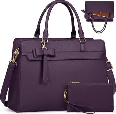 Produktbild von RAINSMORE Handtasche Damen Groß 15.6 Zoll Laptoptasche Wasserdicht Kunstleder Arbeitstasche Umhängetasche mit Geldbörse 2-teiliges Set Lila