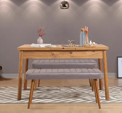 Produktbild von Skye Decor, Santiago 0701 - Atlantic Pine, Soho Grey, Ausziehbarer Esstisch und Bank-Set (3-teilig), Atlantische Kiefer, 100 % MELAMINBESCHICHTETE SPANPLATTEN, 75 x 120 x 75 cm