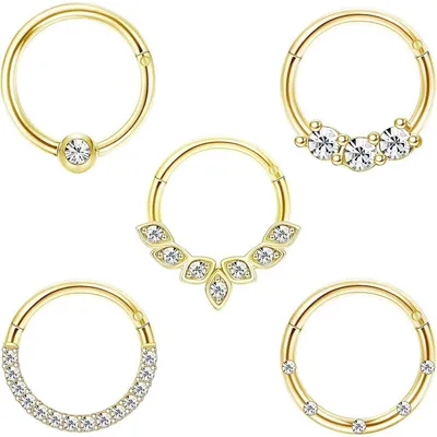 Produktbild von Piercing Ringe 16G Edelstahl Klappsegment Clicker 8mm 10mm Silber Gold Roségold Schwarz CZ 5er Set