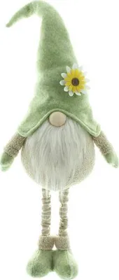 A decorative gnome with a green hat adorned with a sunflower.