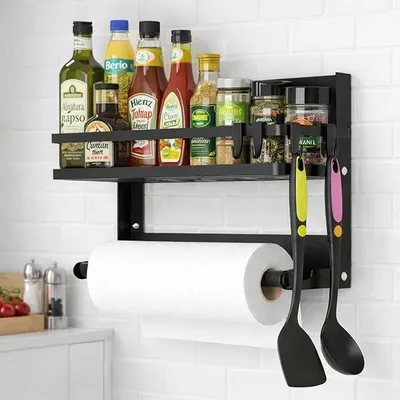 Produktbild von PolkaHome® Keukenrek ohne Bohren – Gewürzregal mit Küchenrollenhalter und 4 abnehmbaren Haken, Gewürzregal für Küche, Kühlschrank,